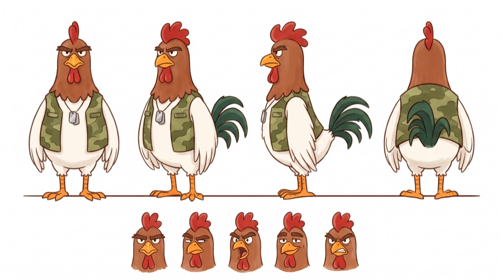 Colonel Cluckson — character turnaround sheet