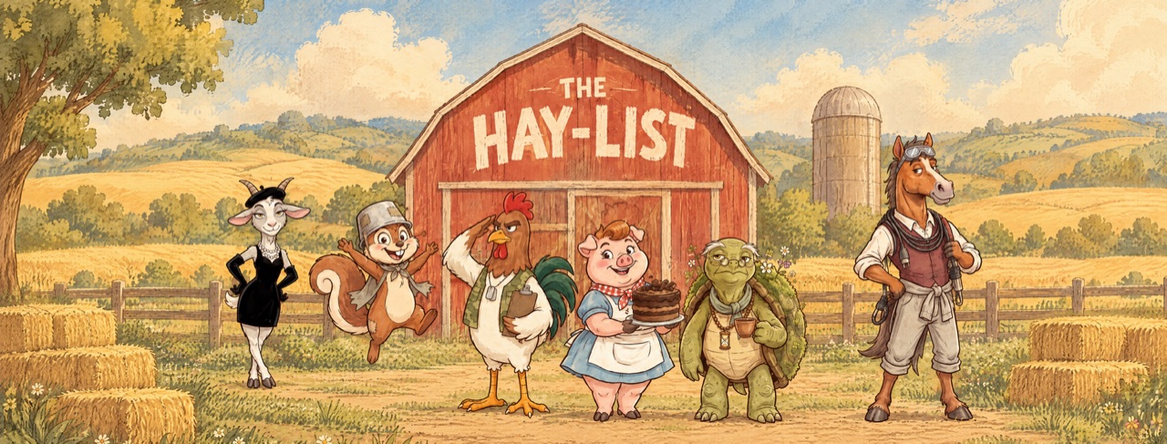 The six Hay-List characters — Coco the goat, Turbo the squirrel, Colonel Cluckson the rooster, Dottie the pig, Solomon the turtle and Wattson the horse — in front of the red barn